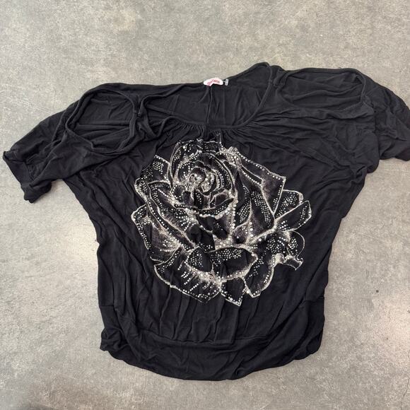 Vintage Y2K Mcbling Rhinestone Black Rose Cutout Sleeve Slouch Top Large - Picture 1 of 5